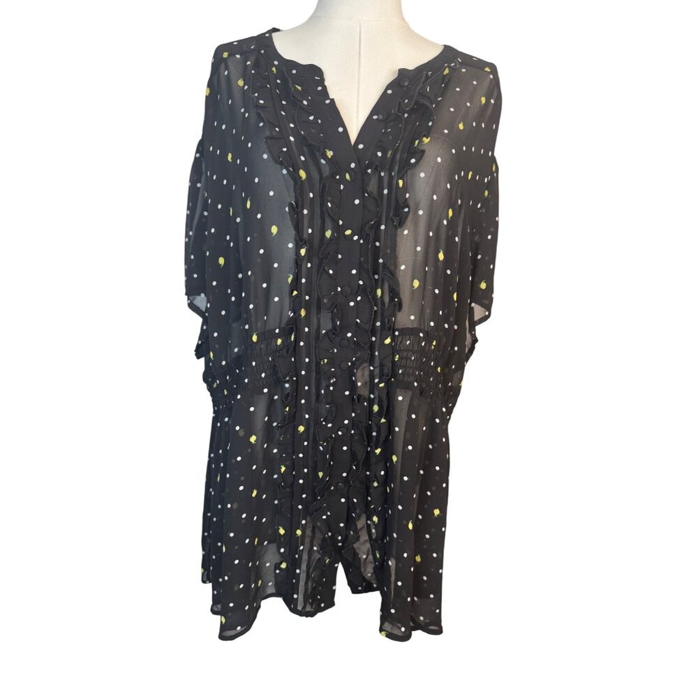 Torrid Size 5 Black Sheer Polka Dot & Yellow Floral Tunic Top Ruffles